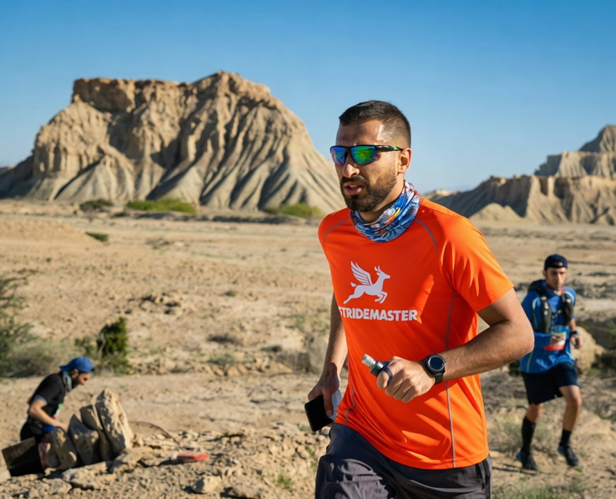 Runner with STRIDEMASTER shirt in desert